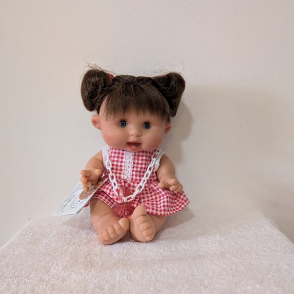 Nines d'Onil Doll Realistic 10" Brown Hair, Pony Tails Blue Eyes Red White Dress - Picture 1 of 1